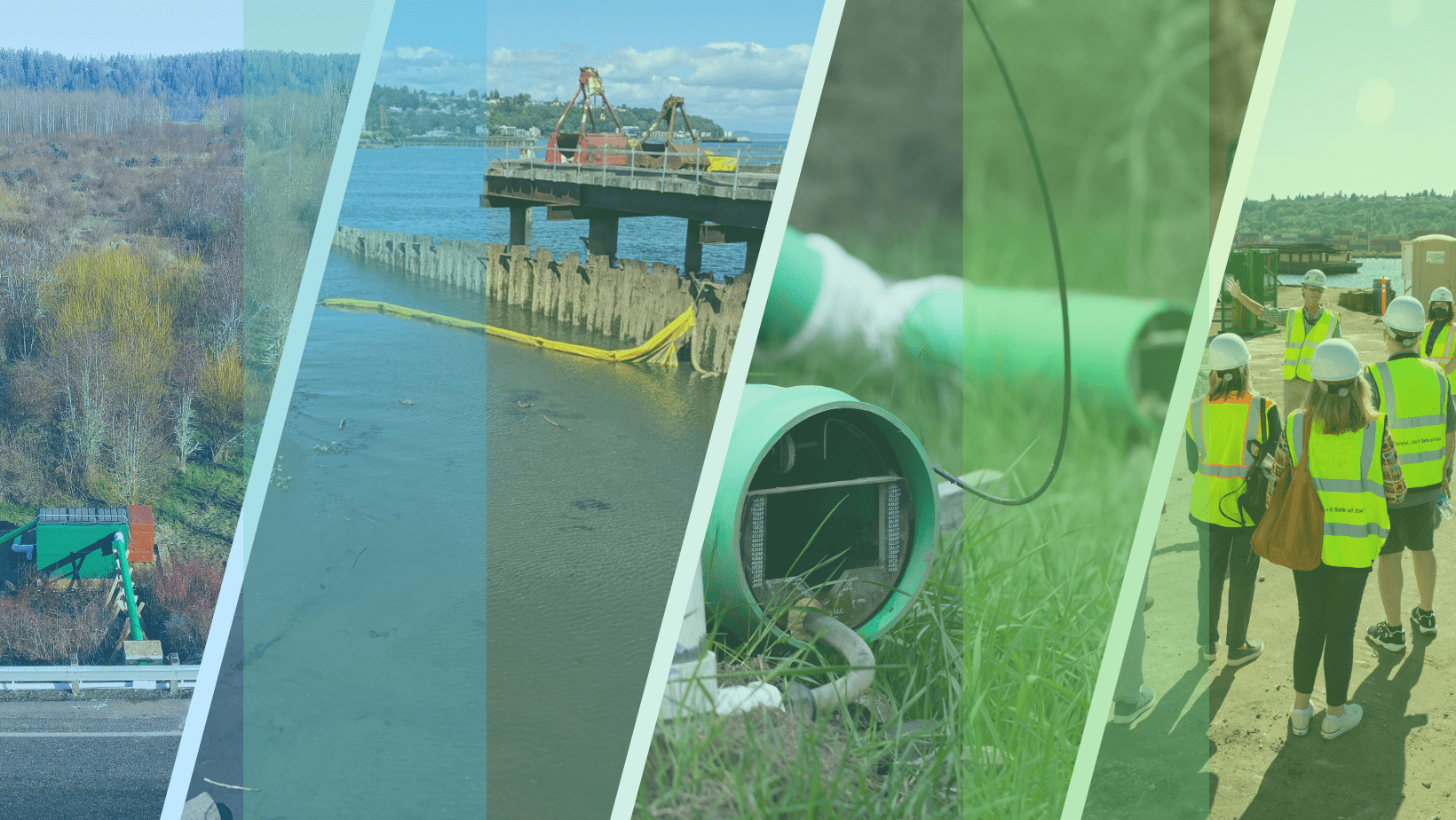 Collage of four photos overlaid with blue and green filters. The first shows an aerial view of a green stormwater filtration unit in a forested wetland next to a highway. Second shows a pier extending over the water with a yellow boom and pilings underneath. Third image shows green outflow pipes on grass. Fourth image shows a group of people in vests and hard hats overlooking a waterfront construction site.